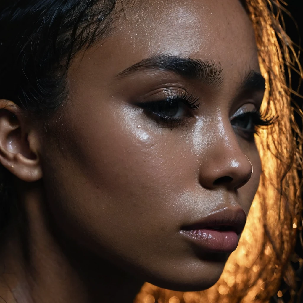 close up and zoomed in on a beautiful depressed very sad emotional sad crying black girl and a black background, sad, depressed, emotional, close up on side profile only showing cheek and eyelight falling on face, noir photorealism, mysterious portrait of a woman, chiaroscuro portrait, close up on side profile, tinashe, zoe kravitz, zoomed in on tear drop, euphoria vibes, black and white, dark