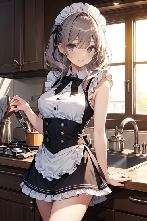 A maid, (in kitchen), various hair styles, night, details face, short skirt, seducing, sleeveless, maid uniform, armpits,