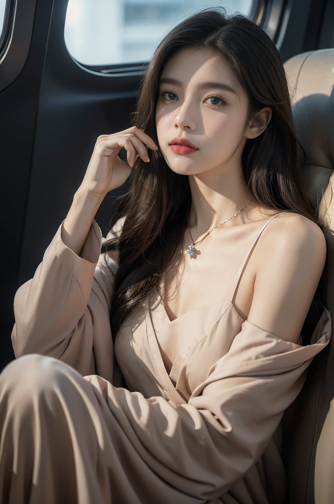 (((best quality))),(((ultra detailed))),(((masterpiece))),illustration,((1 beautiful girl,solo)),((slim,thin,small breasts,flat chest)),((shoulder length straight hair)),stunning female aviation passenger,In the aircraft cabin,nighttime flight,soaring high in the sky,serene beauty,elegance,dark colors,maxi shirt-dress,gracefully flowing,delicate necklace,sparkling pendant,soft lighting,anticipation,window seat,twinkling stars,moonlit sky,tastefully decorated aircraft interior,comfortable seats,warm ambiance,entertainment options,relaxation,tranquility,serene expression,peaceful atmosphere,contrast between darkness and warmth,captivating ambiance,magical moment,essence of summer,allure of the night,enchantment of air travel
