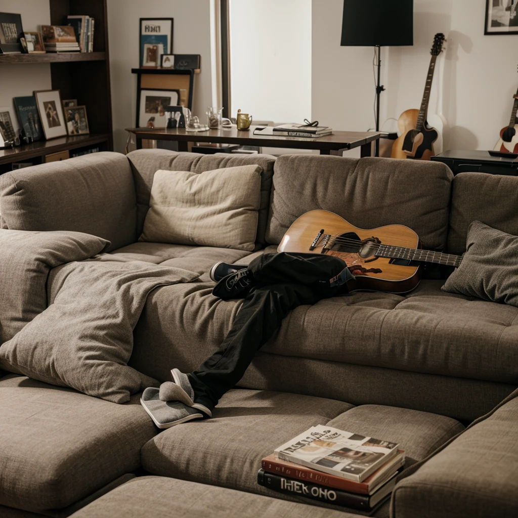  A guitar is placed on a comfortable sofa，There are a few random pieces of clothing on the sofa，There are some books and magazines under the sofa.
