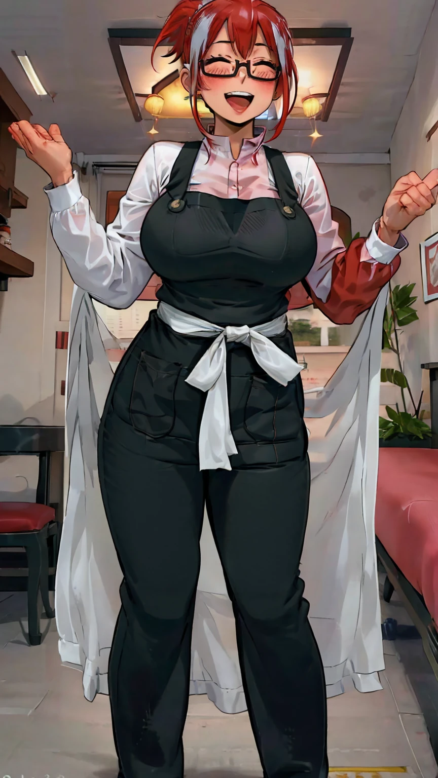 fuyumi todoroki, 1girl, Thick, ass view, solo, breasts, blush, smile, short hair, open mouth, bangs, long sleeves, medium breasts, standing, closed eyes, ponytail, white hair, :d, red hair, multicolored hair, glasses, teeth, pants, indoors, apron, two-tone hair,