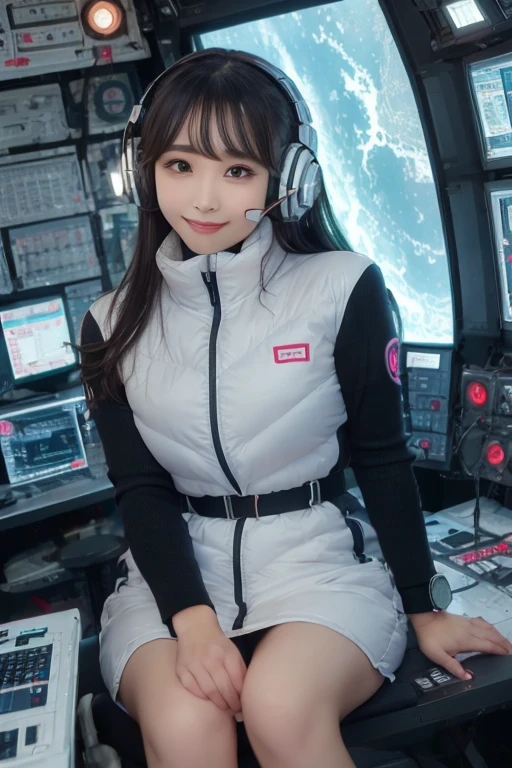 masterpiece, Highest quality, Very detailed, 8K Portrait,Japanese Android Girl,plump , Control panel,Robotic arms and legs, Blunt bangs,,break (Metallic Gray, Metallic luster, Mirror finish, Astro Best):5,headphone:5,break (Black sleeves):100,Smart Watches,Futuristic space station,Control Room,break headphone,blue eyes,(Black Hair):2,(Long Hair):1.3,Displaying the viewer,(respirator),break blush:3,Hidden Hand,smile
