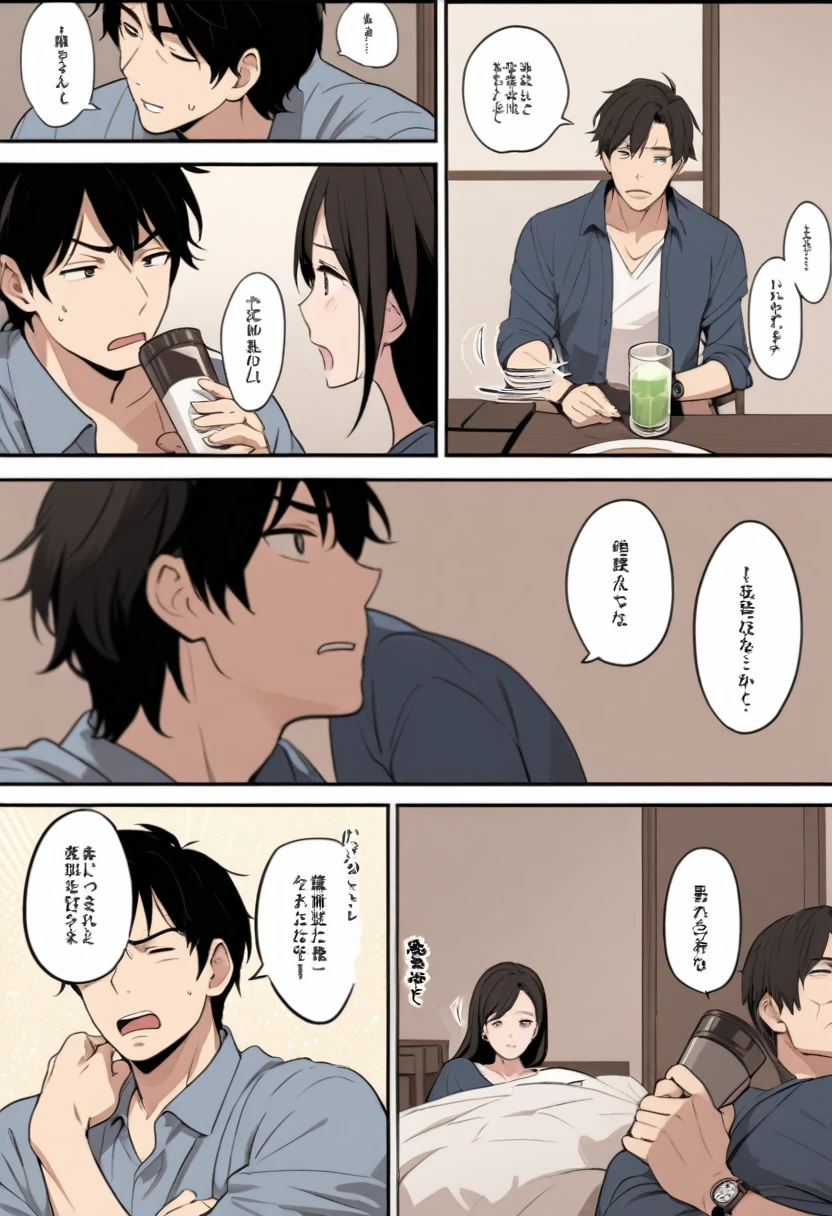A Japanese man comes home late after going out drinking, and his wife looks at her watch and gets angry because it's too late. Please make a comic of that. Please include speech bubbles.