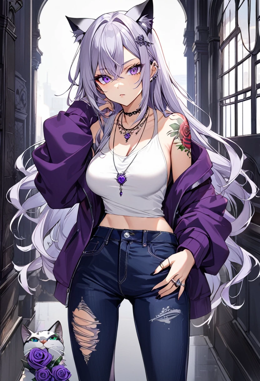 1girl, silver long hair, silver cat ears, bright purple eyes, wearing purple jacket, wearing white undershirt, wearing dark blue jean pants, wearing a necklace with a ring, exposing shoulders, bold tattoos, rose tattoos, purple roses tattoos, full sleeve tattoos