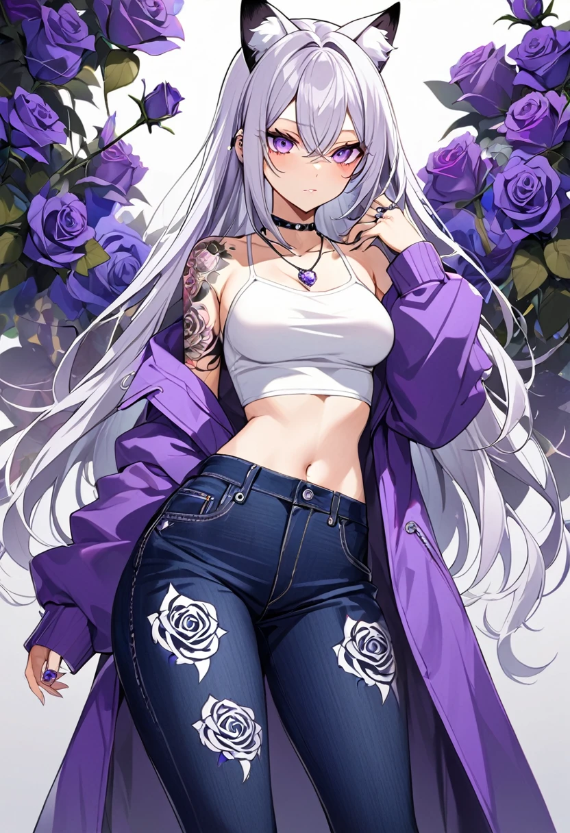 1girl, silver long hair, silver cat ears, bright purple eyes, wearing purple jacket, wearing white undershirt, wearing dark blue jean pants, wearing a necklace with a ring, exposing shoulders, bold tattoos, rose tattoos, purple roses tattoos, full sleeve tattoos