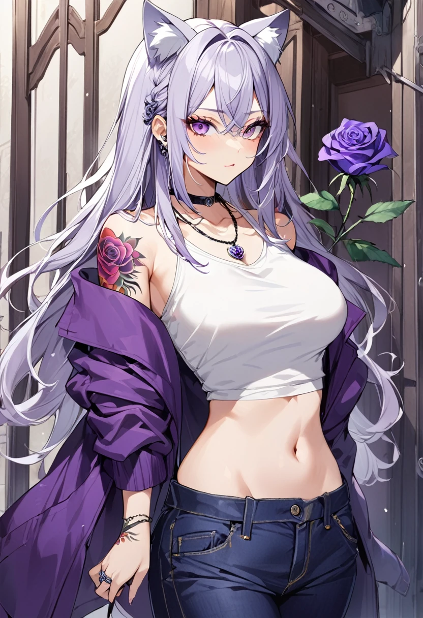 1girl, silver long hair, silver cat ears, bright purple eyes, wearing purple jacket, wearing white undershirt, wearing dark blue jean pants, wearing a necklace with a ring, exposing shoulders, bold tattoos, rose tattoos, purple roses tattoos, full sleeve tattoos