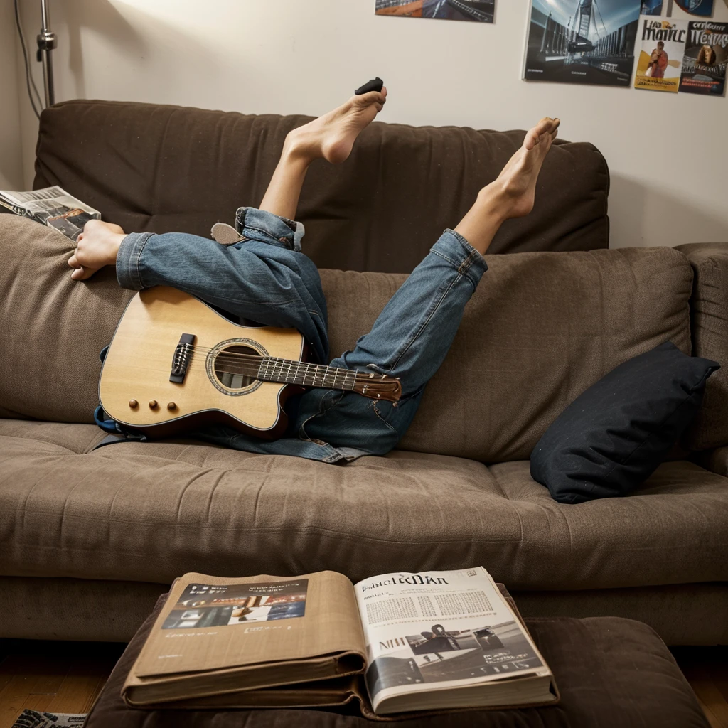 A guitar is placed on a comfortable sofa,There are a few random pieces of clothing on the sofa,There are some books and magazines under the sofa.