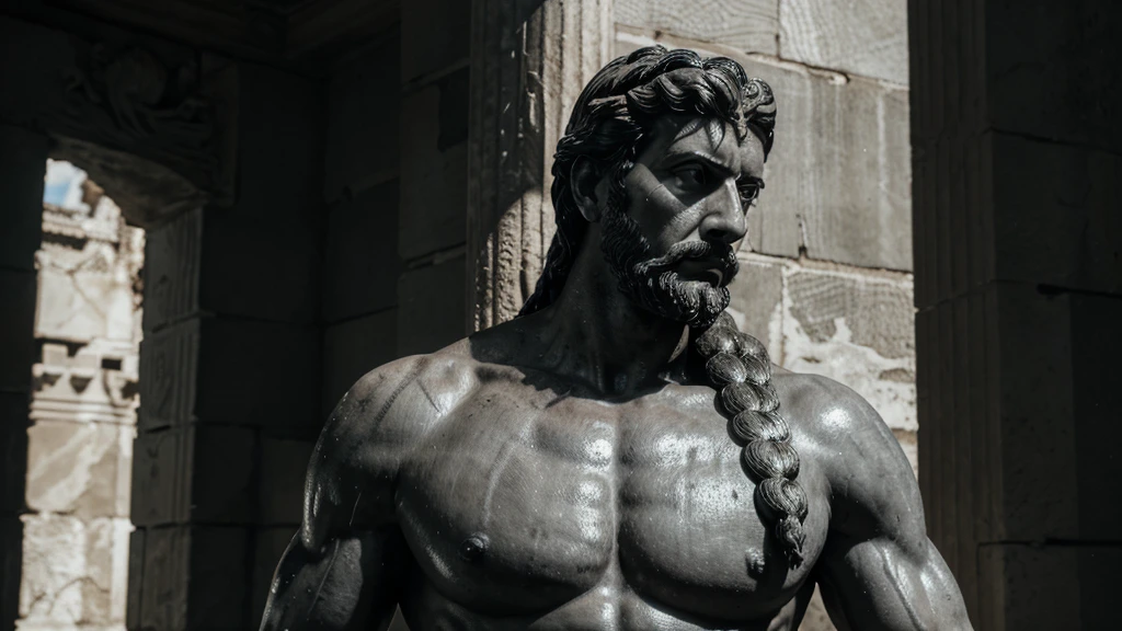 a portrait statue of the stoic Marcus Aurelius in black and white 4K, Super realistic ANCIENT GREEK RUINS, fully body, corpo stark, brawny, stark, wearing no shirt, tronco stark, stark, wearing no shirt, strong arms, 8K, ultra realisitic, cinematographic