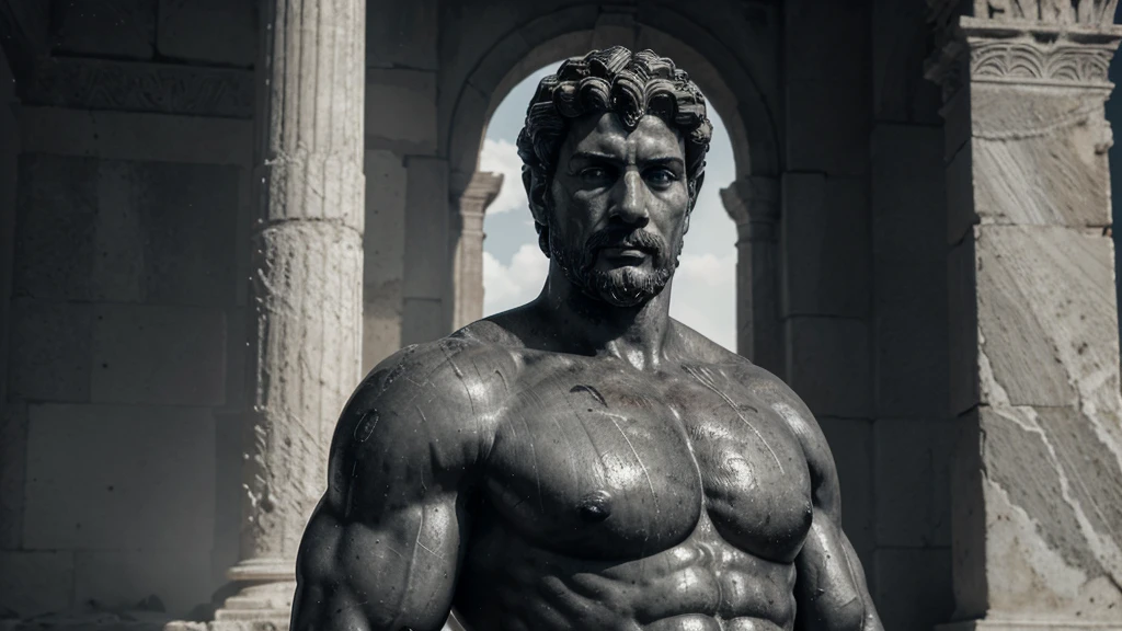 a portrait statue of the stoic Marcus Aurelius in black and white 4K, Super realistic ANCIENT GREEK RUINS, fully body, corpo stark, brawny, stark, wearing no shirt, tronco stark, stark, wearing no shirt, strong arms, 8K, ultra realisitic, cinematographic