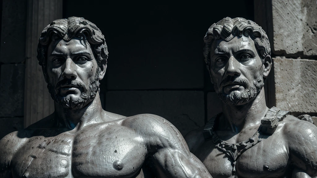 a portrait statue of the stoic Marcus Aurelius in black and white 4K, Super realistic ANCIENT GREEK RUINS, fully body, corpo stark, brawny, stark, wearing no shirt, tronco stark, stark, wearing no shirt, strong arms, 8K, ultra realisitic, cinematographic
