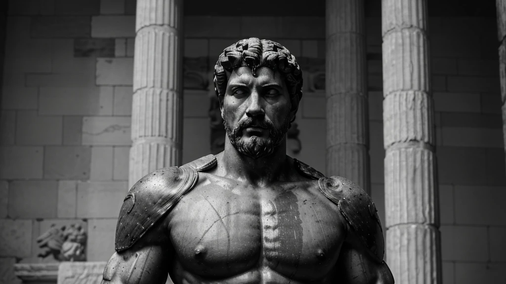 a portrait statue of the stoic Marcus Aurelius in black and white 4K, Super realistic ANCIENT GREEK RUINS, fully body, corpo stark, brawny, stark, wearing no shirt, tronco stark, stark, wearing no shirt, strong arms, 8K, ultra realisitic, cinematographic