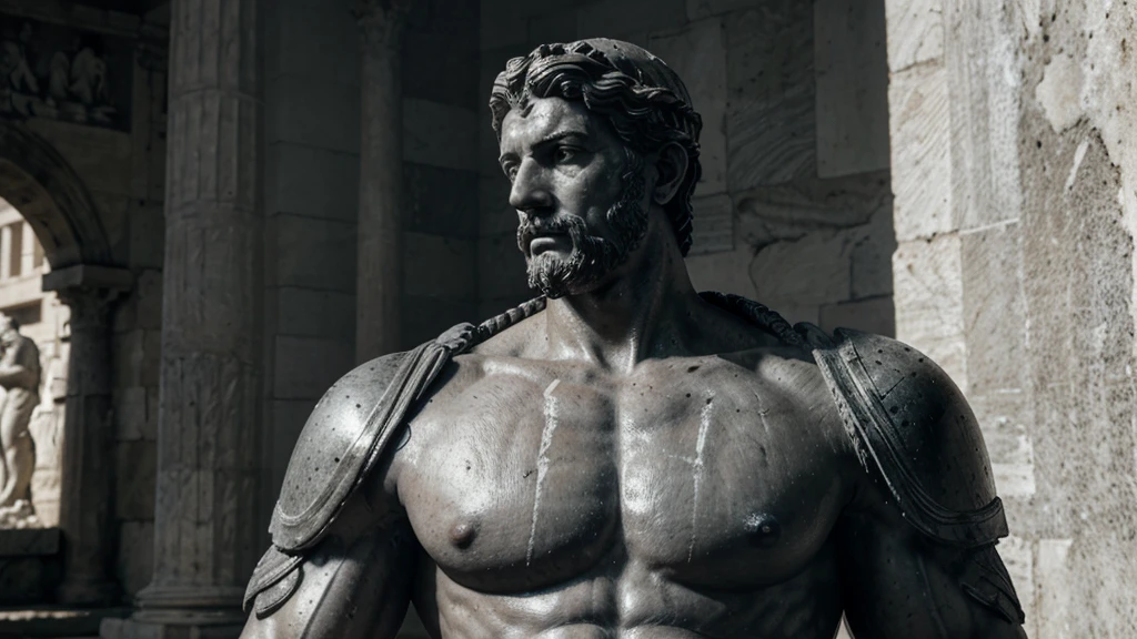 a portrait statue of the stoic Marcus Aurelius in black and white 4K, Super realistic ANCIENT GREEK RUINS, fully body, corpo stark, brawny, stark, wearing no shirt, tronco stark, stark, wearing no shirt, strong arms, 8K, ultra realisitic, cinematographic