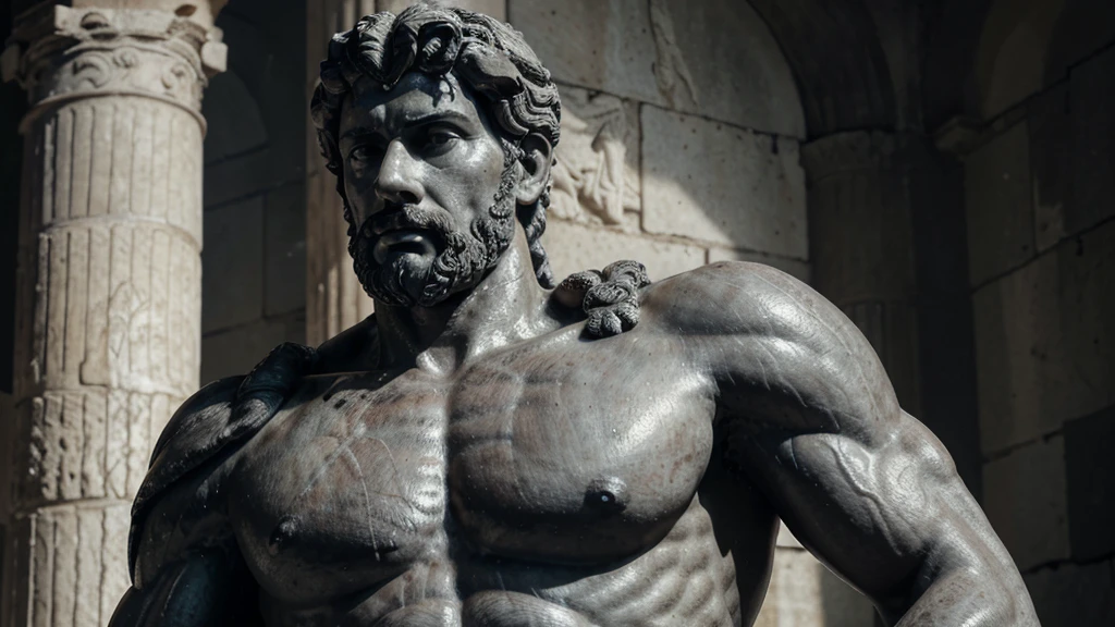 a portrait statue of the stoic Marcus Aurelius in black and white 4K, Super realistic ANCIENT GREEK RUINS, fully body, corpo stark, brawny, stark, wearing no shirt, tronco stark, stark, wearing no shirt, strong arms, 8K, ultra realisitic, cinematographic