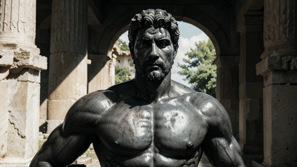 a portrait statue of the stoic Marcus Aurelius in black and white 4K, Super realistic ANCIENT GREEK RUINS, fully body, corpo stark, brawny, stark, wearing no shirt, tronco stark, stark, wearing no shirt, strong arms, 8K, ultra realisitic, cinematographic