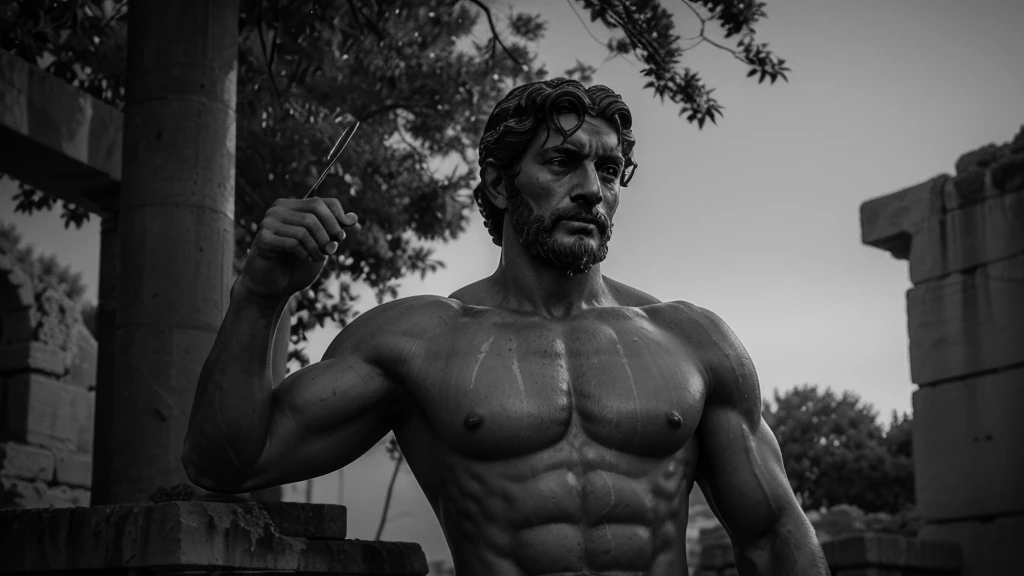 a portrait statue of the stoic Marcus Aurelius in black and white 4K, Super realistic ANCIENT GREEK RUINS, fully body, corpo stark, brawny, stark, wearing no shirt, tronco stark, stark, wearing no shirt, strong arms, 8K, ultra realisitic, cinematographic