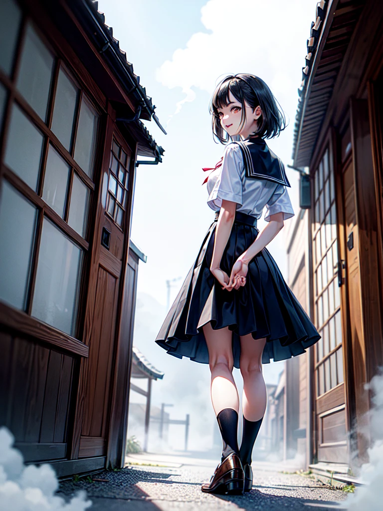 masterpiece, Highest quality, Ultra-high resolution, Highest Resolution, Very detailed, Professional Lighting, Gray Light Lighting、Low angle from below、Old house in Japan、Blowing steam into the landscape、Fog in the landscape、Foggy、Beautiful woman, Small face、White skin、very cute、20-year-old、Bright smile、(Black Hair、Medium Hair、Fluttering Hair)、(Black Sailor Suit)、length, Thin legs、Beautiful hip line、Beautiful spine、The back is rounded、Tight waist、JK Black Skirt 、Tight pleated skirt、Hip line emphasis、Black socks、Brown eyes,Face is a little red, Beautiful breasts、Her breasts are an A cup、Perfect hands、Shoes are loafers、Black knee-high socks