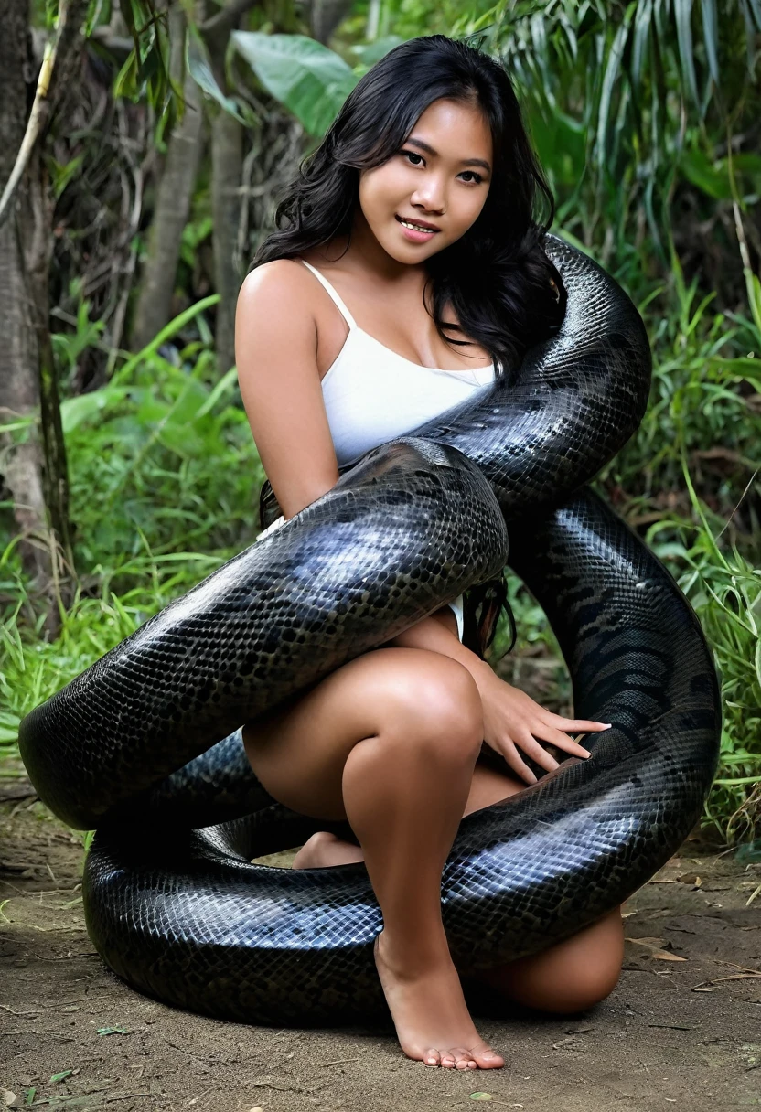 Happy , aroused 1girl), beautiful kneeling Filipino young teen with giant colossal black titanboa eezing her hard, wrapped in thick spiraling coils, constricted, struggle, gasping for air, snake attack, snake peril, moonless night, dim light