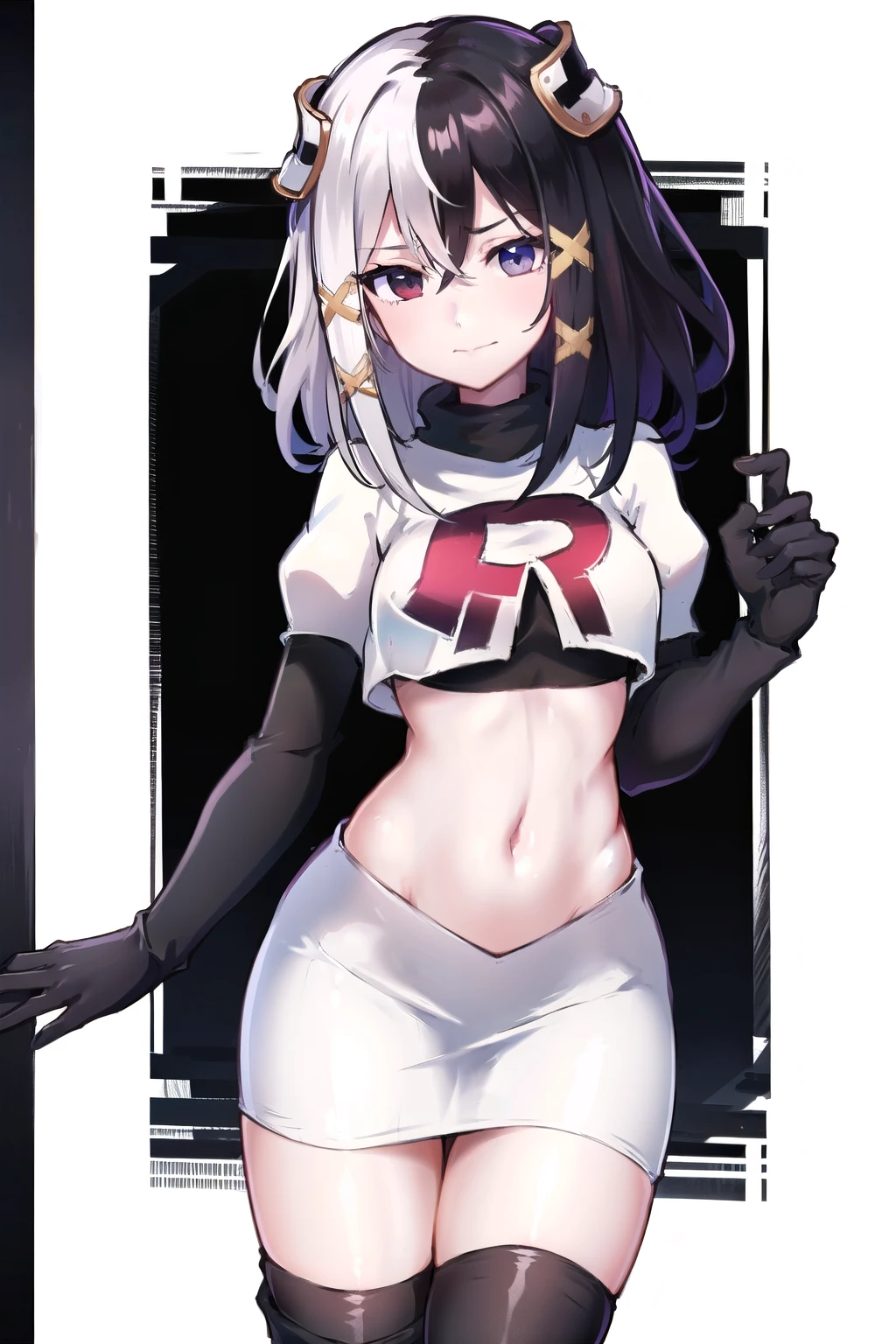 zesshi zetsumei, 1girl,solo, team rocket,team rocket uniform,white skirt,red letter R,crop top,black thigh-highs,black elbow gloves