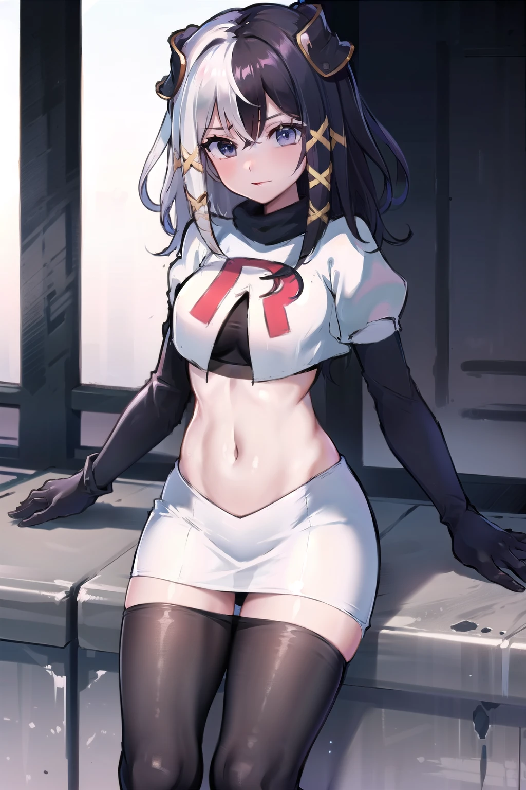 zesshi zetsumei, 1girl,solo, team rocket,team rocket uniform,white skirt,red letter R,crop top,black thigh-highs,black elbow gloves