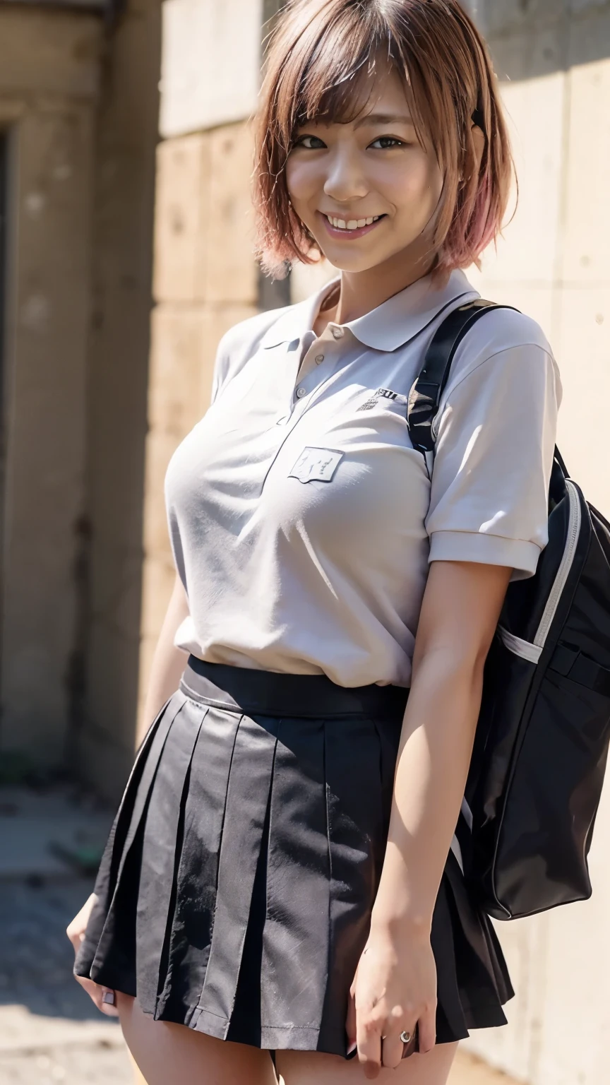 (Realistic、Like a photograph、Live Action、8K, Realistic, RAW Photos, Best image quality: 1.4), Single-lens reflex camera、RAW Photos, Highest quality, Realistic, Very detailedな CG Unity 8K 壁紙, Written boundary depth, Cinematic Light, Lens flare, Ray Tracing, Realistic background、Many people々々:1.4、((high school girl:1.4、Polo shirt:1.3、Uniform skirt:1.3)、Small breasts、Sports bag slung across the shoulder、The straps of the bag pass between the chest:1.3、Paisla:1.5)、((Ultra-Dense Skin))、 1 female,かわいいhigh school girl、((Girls cheering in the schoolyard、support、(whole body:1.5)、Smiling at school))、Pink inner color hair、short hair:1.2、tie your hair with a hair clip、slender、stylish、Very detailed、Pay attention to the details、Perfect outfit、(Sunburned skin)、Beautiful legs:1.1,front
