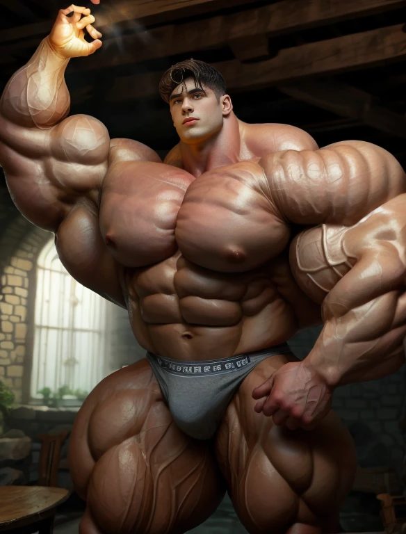 1boy, giant, alone, giant bodybuilder, wet, torch light, strong body, bulk, large size, stand, armpit, large room with stone wall, nude, white triangular underwear, massive bulge, extraordinary big, brutalmass, giant muscular body, bulk, buff, massive body, large meaty body size, extremely wide body,