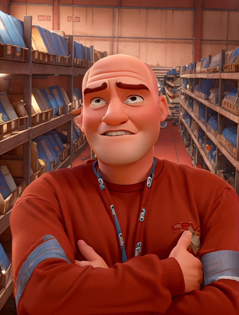 Disney pixar style man, baldie, no fur, red shirt, inside a warehouse, high qualiy, best qualityer.