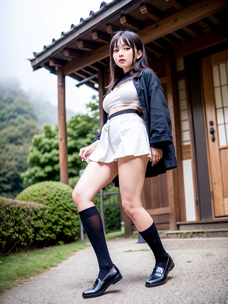 masterpiece, Highest quality, Ultra-high resolution, Highest Resolution, Very detailed, Professional Lighting, Gray Light Lighting、Low angle from below、Old house in Japan、Blowing steam into the landscape、Fog in the landscape、Foggy、Beautiful woman, Small face、White skin、very cute、20-year-old、Bright smile、(Black Hair、Medium Hair、Fluttering Hair)、(Black Sailor Suit)、length, Thin legs、Beautiful hip line、Beautiful spine、The back is rounded、Tight waist、JK Black Skirt 、Tight pleated skirt、Hip line emphasis、Black socks、Brown eyes,Face is a little red, Beautiful breasts、Her breasts are an A cup、Perfect hands、Shoes are loafers、Black knee-high socks