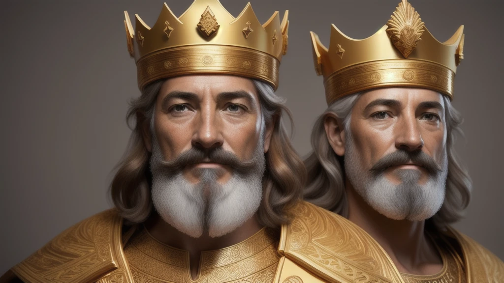 (Professional 3D rendering:1.3) de (Realistic:1.3) Foto de arte mais bonita do mundo,Features soft, bright male heroes, ( King Solomon's age of 50 years, shorter red hair and, King Solomon's with A LOW CROWN in his forehead maximize hair and crown detail, gold and glory IN YOUR CLOTHES, and his with a heartwarming expression that demonstrates wisdom.), Metade do corpo 8k unidade render, poros da pele, very dark lighting, sombreamento pesado, circunstanciado, Rosto detalhado, (vibrante, fotografia realista, Realistic, Dramatic, Escuro, foco nítido, 8k)