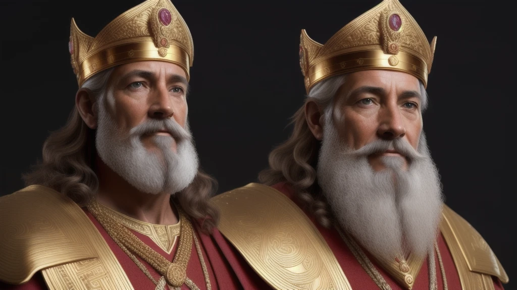(Professional 3D rendering:1.3) de (Realistic:1.3) Foto de arte mais bonita do mundo，Features soft, bright male heroes, ( King Solomon's age of 50 years, shorter red hair and, King Solomon's with A LOW CROWN in his forehead maximize hair and crown detail, gold and glory IN YOUR CLOTHES, and his with a heartwarming expression that demonstrates wisdom.), Metade do corpo 8k unidade render, poros da pele, very dark lighting, sombreamento pesado, circunstanciado, Rosto detalhado, (vibrante, fotografia realista, Realistic, Dramatic, Escuro, foco nítido, 8k)
