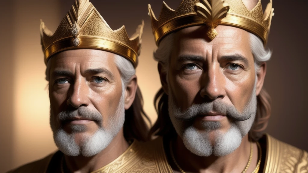 (Professional 3D rendering:1.3) de (Realistic:1.3) Foto de arte mais bonita do mundo，Features soft, bright male heroes, ( King Solomon's age of 50 years, shorter red hair and, King Solomon's with A LOW CROWN in his forehead maximize hair and crown detail, gold and glory IN YOUR CLOTHES, and his with a heartwarming expression that demonstrates wisdom.), Metade do corpo 8k unidade render, poros da pele, very dark lighting, sombreamento pesado, circunstanciado, Rosto detalhado, (vibrante, fotografia realista, Realistic, Dramatic, Escuro, foco nítido, 8k)