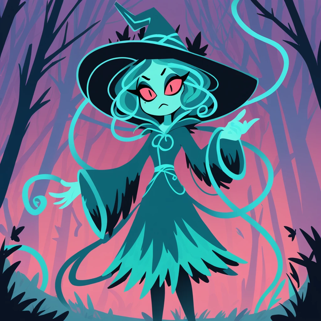 Evil tangled witch in the woods in cool tones art style
