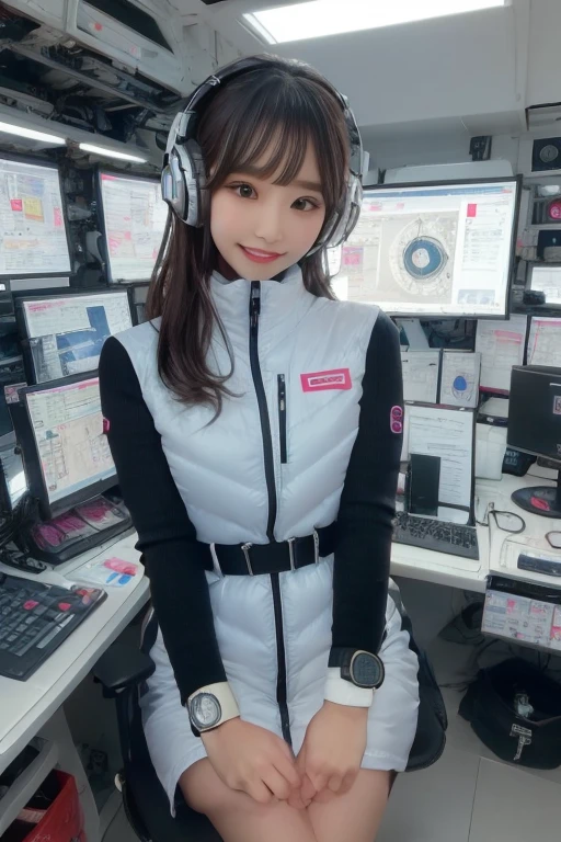 masterpiece, Highest quality, Very detailed, 8K Portrait,Japanese Android Girl,plump , Control panel,Robotic arms and legs, Blunt bangs,,break (Metallic Gray, Metallic luster, Mirror finish, Astro Best):5,headphone:5,break (Black sleeves):100,Smart Watches,Futuristic space station,Control Room,break headphone,blue eyes,(Black Hair):2,(Long Hair):1.3,Displaying the viewer,(respirator),break blush:3,Hidden Hand,smile