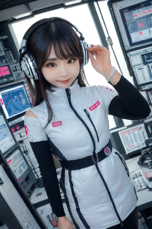 masterpiece, Highest quality, Very detailed, 8K Portrait,Japanese Android Girl,plump , Control panel,Robotic arms and legs, Blunt bangs,,break (Metallic Gray, Metallic luster, Mirror finish, Astro Best):5,headphone:5,break (Black sleeves):100,Smart Watches,Futuristic space station,Control Room,break headphone,blue eyes,(Black Hair):2,(Long Hair):1.3,Displaying the viewer,(respirator),break blush:3,Hidden Hand,smile