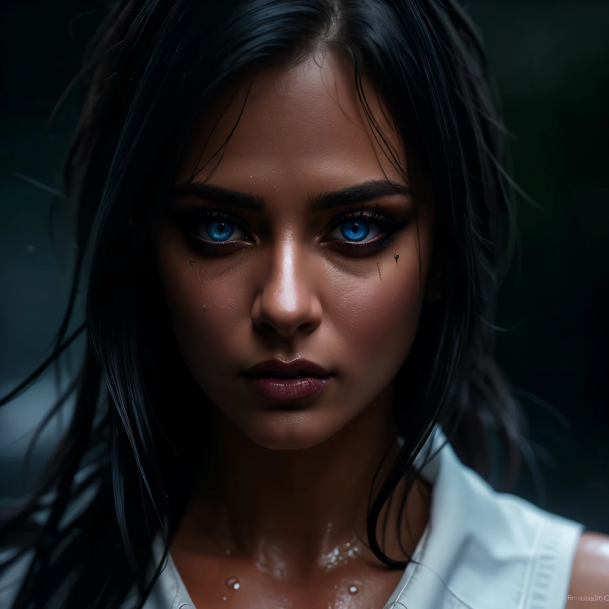 ((full body)), (((posing, sexy pose, alluring pose 1.1))), (Best Quality,High Definition:1.2),Ultra detailed,realistic,Portrait, beautiful girl with gorgeous glowing blue eyes, gothic makeup, large breasts, ((covered nipples)), no underwear, revealing clothes, ((white button-down shirt)), (((black miniskirt))), ((luscious thighs)), in the rain, ((wet clothes )), night street, (best quality, 4k,8k, high resolution, masterpiece: 1.2), ultra detail, (realistic, photorealistic, photorealistic: 1.37), extremely detailed eyes and face, beautiful detailed eyes, beautiful detailed lips, long eyelashes , dramatic lighting, cinematic lighting, moody atmosphere, darkness and grit, dramatic contrast, rich colors, neon lights, rain effects. (Perfect details:1.1), (beautiful and clear background:1.2), (Extremely detailed CG, Ultra detailed, best shadow:1.1), (perfectly detailed beautiful eyes), , close-up, cinematic lighting, vibrant colors, photorealistic, concept art style, high quality, 8K, HDR, physical rendering, extreme detail, blur, depth of field, blurred foreground,