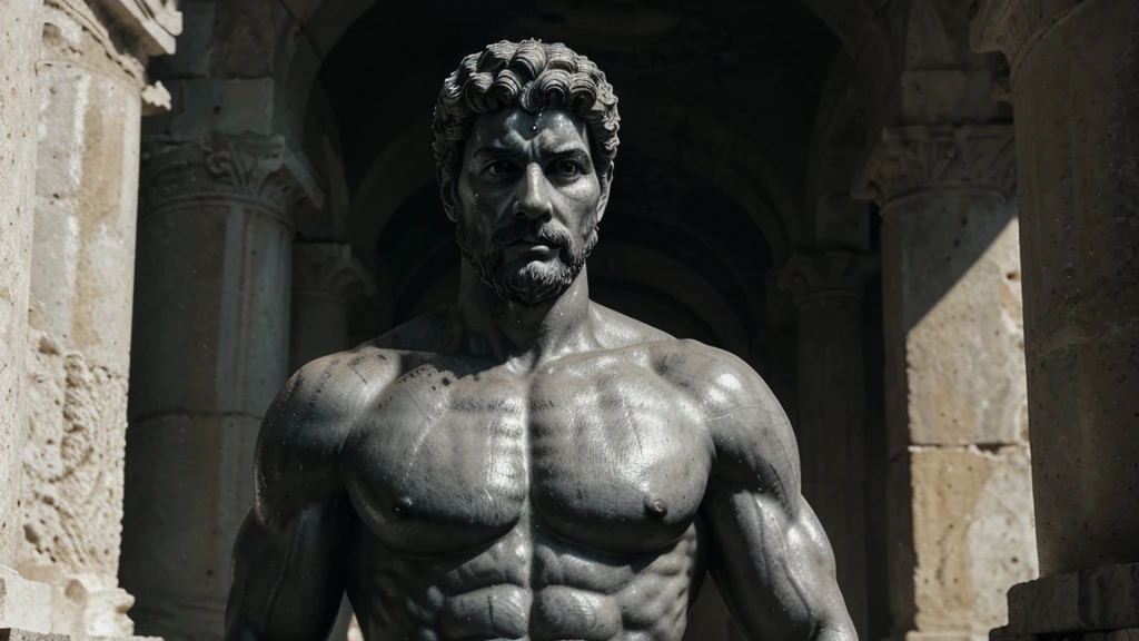 a portrait statue of the stoic Marcus Aurelius in black and white 4K, Super realistic ANCIENT GREEK RUINS, fully body, corpo stark, brawny, stark, wearing no shirt, tronco stark, stark, wearing no shirt, strong arms, 8K, ultra realisitic, cinematographic