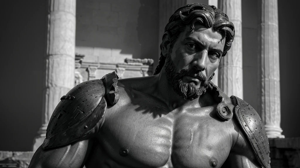 a portrait statue of the stoic Marcus Aurelius in black and white 4K, Super realistic ANCIENT GREEK RUINS, fully body, corpo stark, brawny, stark, wearing no shirt, tronco stark, stark, wearing no shirt, strong arms, 8K, ultra realisitic, cinematographic