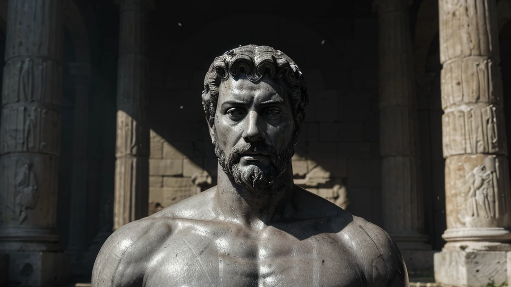 a portrait statue of the stoic Marcus Aurelius in black and white 4K, Super realistic ANCIENT GREEK RUINS, fully body, corpo stark, brawny, stark, wearing no shirt, tronco stark, stark, wearing no shirt, strong arms, 8K, ultra realisitic, cinematographic