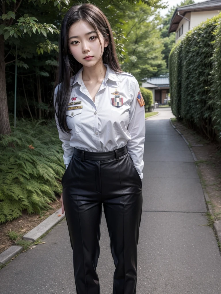 A Japananese beatiful girl, wearing united states army uniform, long legs, Black hair, tight united states army trousers, stand up, looking to viewer, united states army uniform,stand up,military uniform