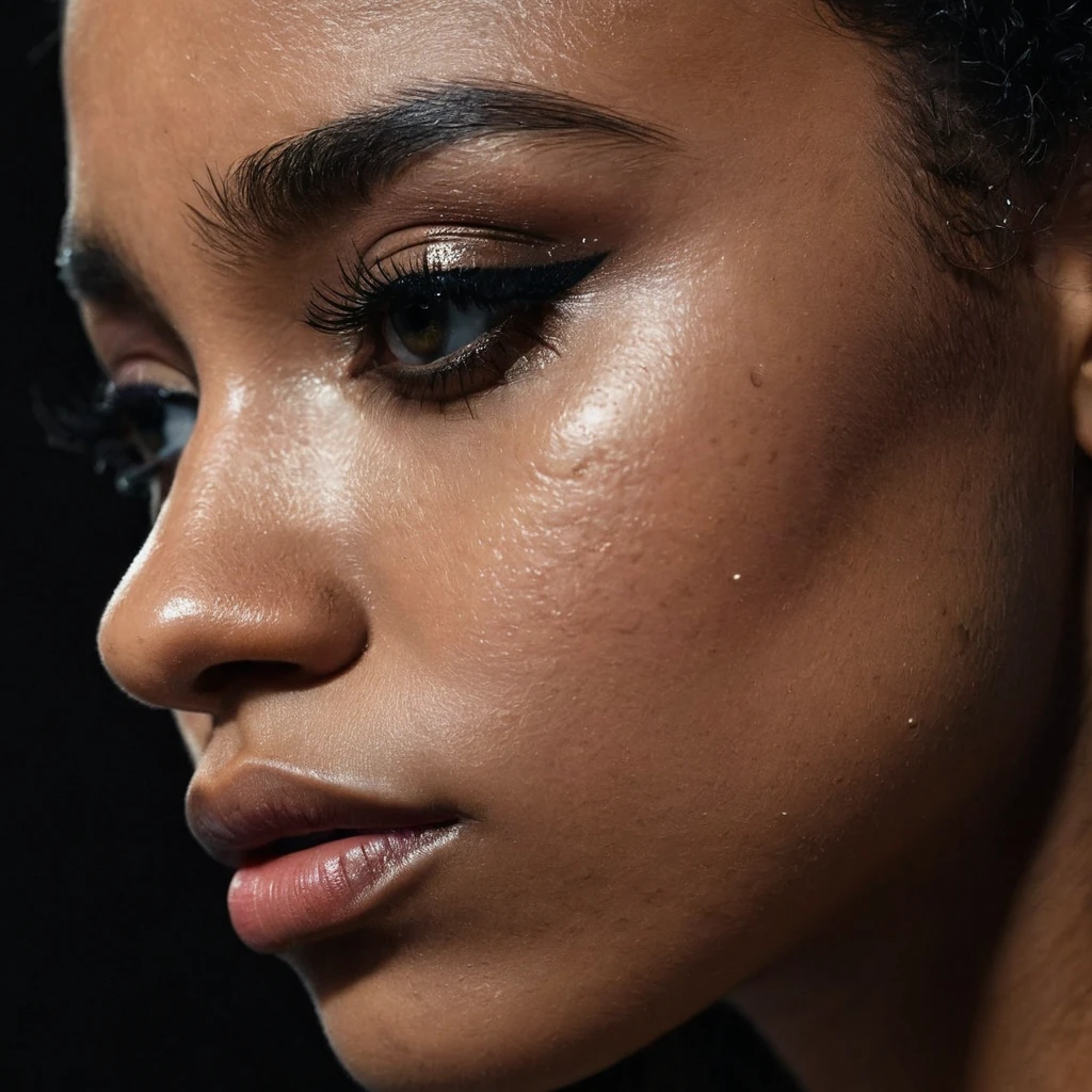 close up and zoomed in on a beautiful depressed very sad emotional sad crying black girl and a black background, sad, depressed, emotional, close up on side profile only showing cheek and eyelight falling on face, noir photorealism, mysterious portrait of a woman, chiaroscuro portrait, close up on side profile, tinashe, zoe kravitz, zoomed in on tear drop, euphoria vibes, black and white, dark