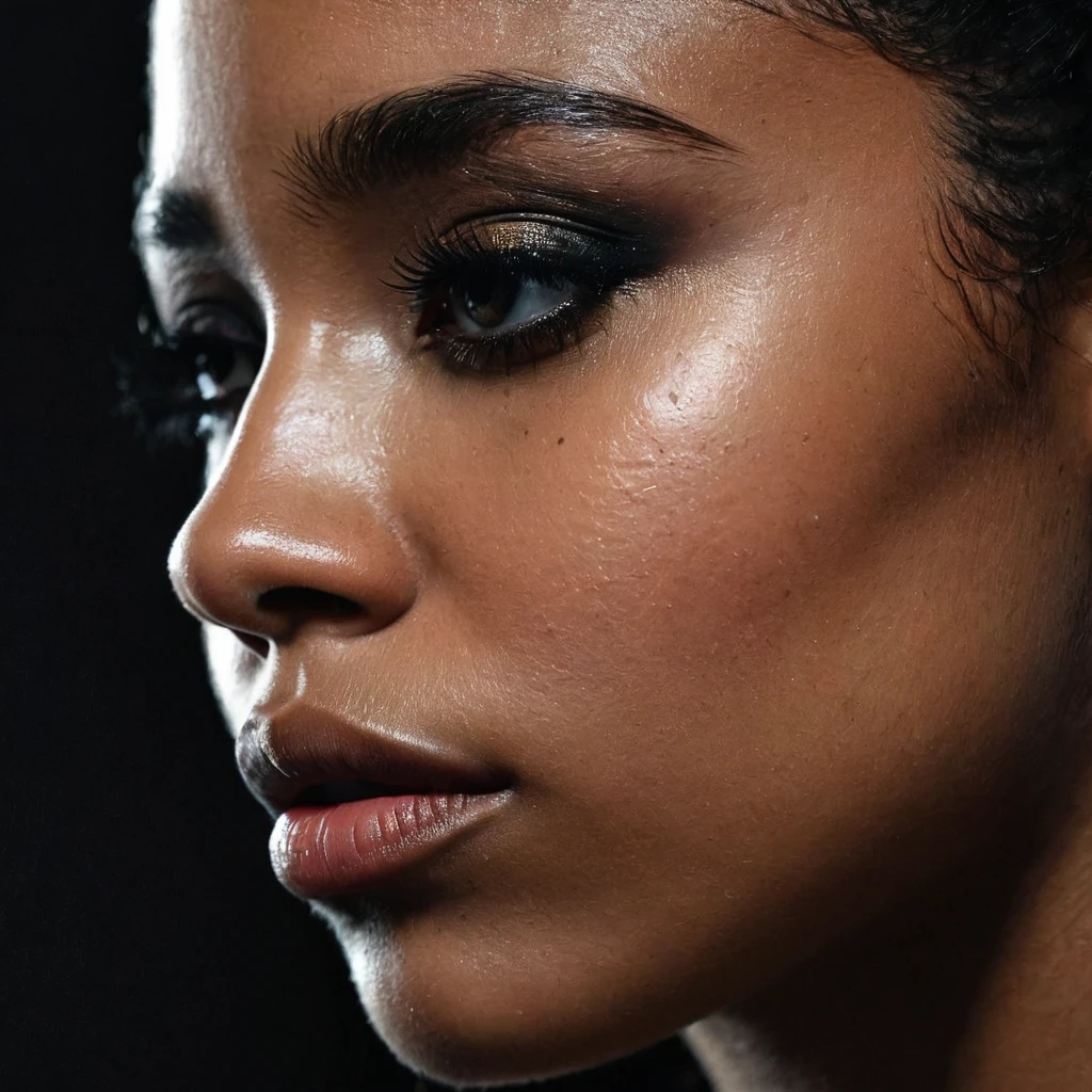 close up and zoomed in on a beautiful depressed very sad emotional sad crying black girl and a black background, sad, depressed, emotional, close up on side profile only showing cheek and eyelight falling on face, noir photorealism, mysterious portrait of a woman, chiaroscuro portrait, close up on side profile, tinashe, zoe kravitz, zoomed in on tear drop, euphoria vibes, black and white, dark