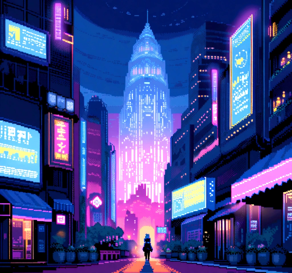 element: Pixel art characters running through a pixelated cyberpunk city. Towering Buildings, Moving holograms and flying cars make up the scene.. The characters are accompanied by pixel-art robots that move in time with the music..

• color: Dark blue and sky blue shades with white dots, Yellow and blue neon lights.