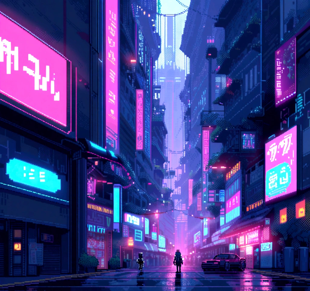 element: Pixel art characters running through a pixelated cyberpunk city. Towering Buildings, Moving holograms and flying cars make up the scene.. The characters are accompanied by pixel-art robots that move in time with the music..
• color: Dark blue and sky blue shades with white dots, Yellow and blue neon lights.