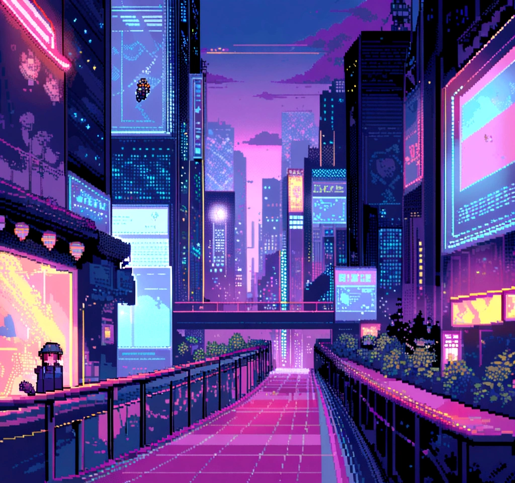 element: Pixel art characters running through a pixelated cyberpunk city. Towering Buildings, Moving holograms and flying cars make up the scene.. The characters are accompanied by pixel-art robots that move in time with the music..
• color: Dark blue and sky blue shades with white dots, Yellow and blue neon lights.