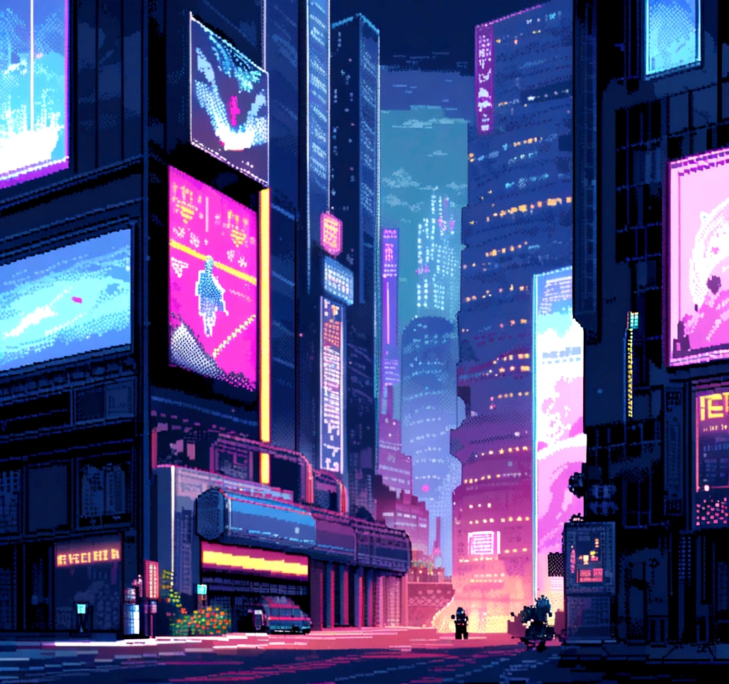 element: Pixel art characters running through a pixelated cyberpunk city. Towering Buildings, Moving holograms and flying cars make up the scene.. The characters are accompanied by pixel-art robots that move in time with the music..
• color: Dark blue and sky blue shades with white dots, Yellow and blue neon lights.