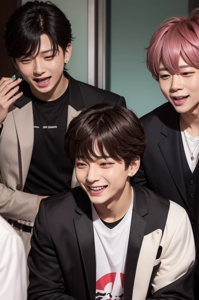 Jeon Jungkook laughing at Kim Taeyoung in the background and Park Jimin thoughtful in the front
