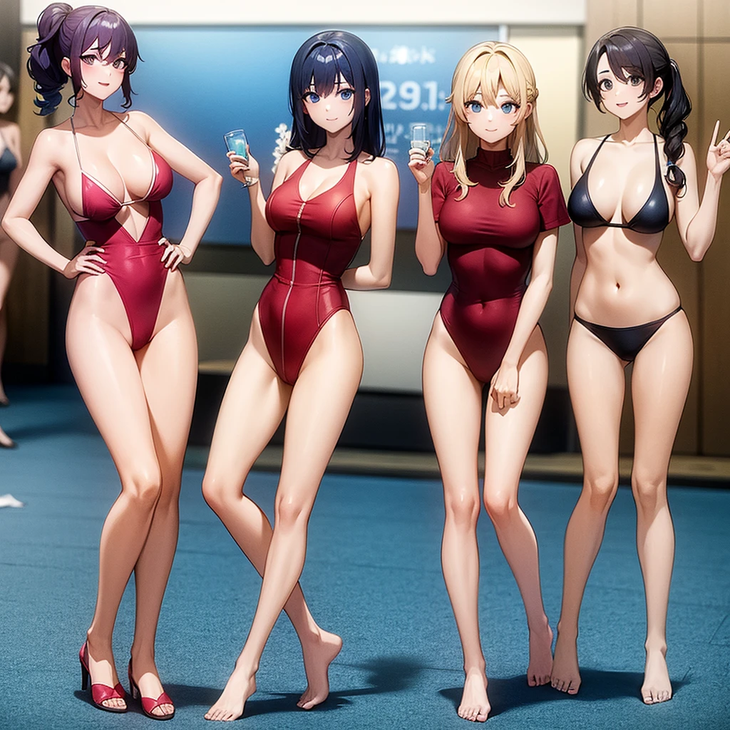 Masterpiece 3 beauties in swimsuits, medium , various hairstyles and hair colors, full body photos standing in the crowd smiling