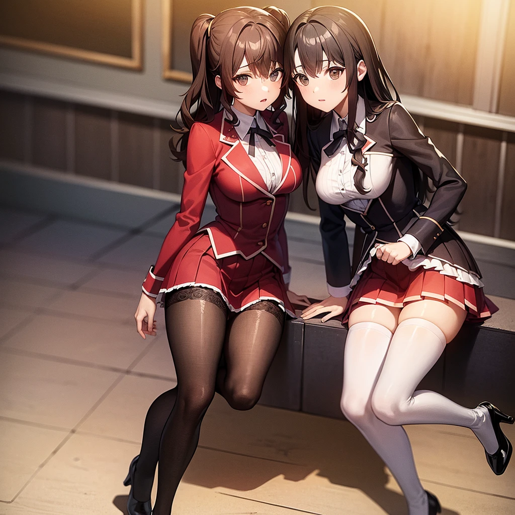 A masterfully detailed painting of two identical twin girls with curly brown hair, hazel eyes, and medium-sized busts, wearing sexy school uniforms consisting of a blazer, lace sections, ribbons, rainbow short skirts, white thigh-high socks, and black high heels, posing seductively with matching outfits and bright, flat colors, showcasing their full bodies in a duo pose.