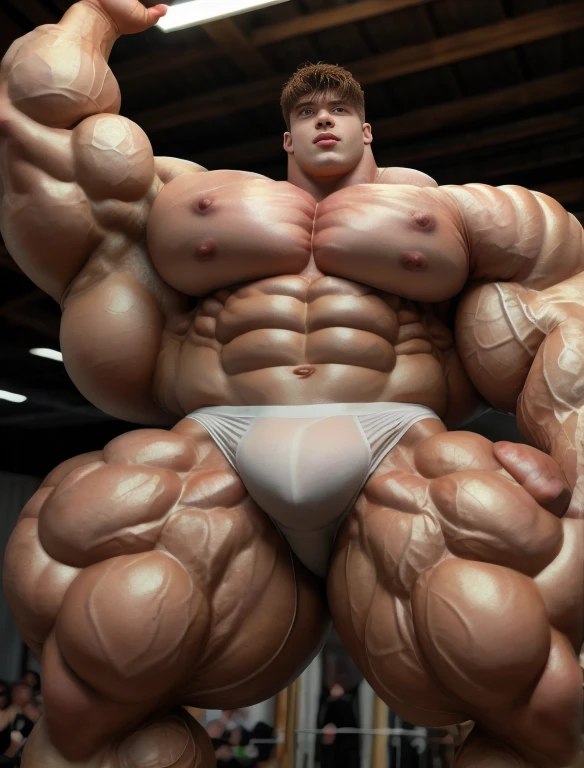 1boy, giant, alone, giant bodybuilder, wet, Illuminating lights, strong body, bulk, large size, stand, armpit, at large white studio rooms, nude, white triangular underwear, massive bulge, extraordinary big, brutalmass, giant muscular body, bulk, buff, massive body, large meaty body size, extremely wide body,