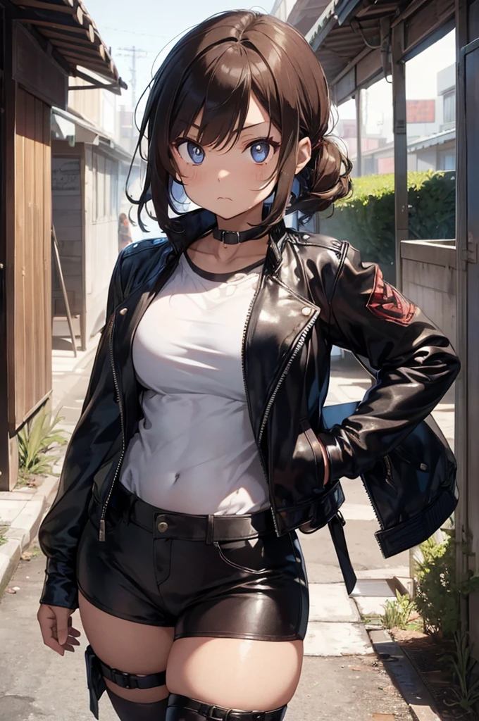 1 female, fierce, post-apocalyptic dessert, , asian, spiked baseball bat, cute, Leather jacket, hourglass figure, thick thighs, full body, light brown hair, blue pupils, pout, best quality.