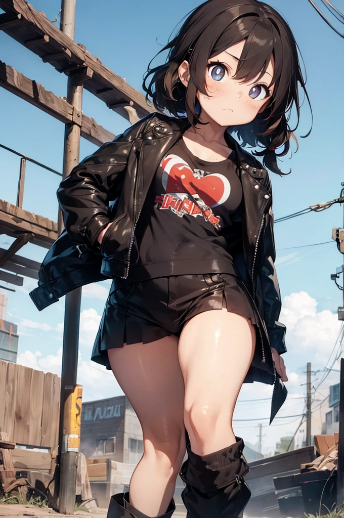 1 female, , post-apocalyptic dessert, young kid, an, spiked baseball bat, cute, Leather jacket, hourglass figure, thick thighs, full body, light brown hair, blue pupils, pout, best quality.